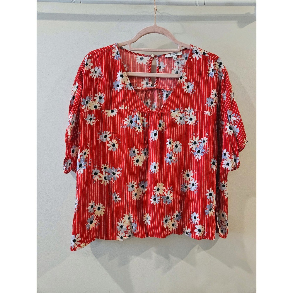 Madewell Red Boxy Floral Striped Short Sleeve Blouse Top Womens XXL